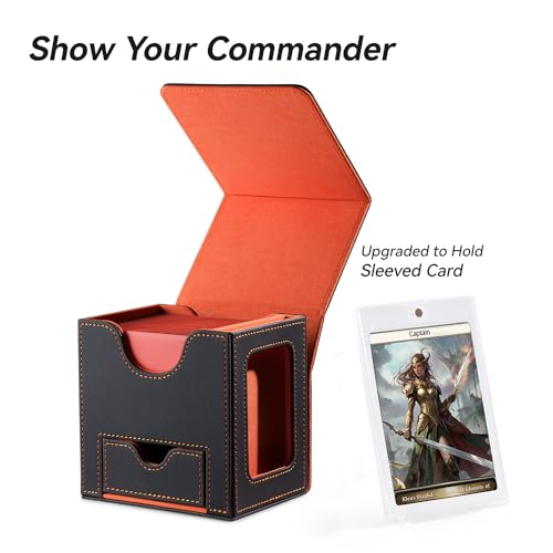 Mage Tech Card Deck Box for MTG Commander - Patented Design, Commander Display, Fits 100 Double-Sleeved Cards, 35pt Card Brick & Dice Tray - Grey/Orange