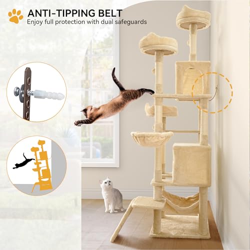 YITAHOME Tall Cat Tree for Indoor Cats, 75 inch Multi-Level Cat Tower with Cat Condos, Top Perches, Sisal Ramp Scratching Posts, Cozy Basket, Hammocks, Large Cat Pet Activity Structure,Beige