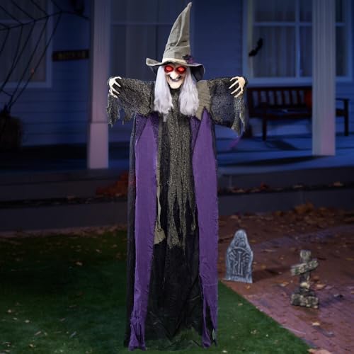 JOYIN 84” Hanging Talking Witch Halloween Decorations Outdoor Decor, Standing Flying Hover Witch Halloween Party Supplies Light Up Eyes Haunted House Front Porch Gard Yard Lawn