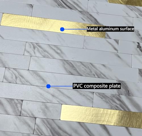 weimeisc 10-Sheet Peel and Stick Backsplash Tile, PVC Mixed Metal Stick on Backsplash Tiles for Kitchen (10, White Stone+Metal Gold)