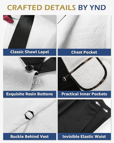 YND Men's 3 Piece Luxury Tuxedo Set, Jacquard Slim Fit Shawl Lapel Jacket Vest & Pants with Bow Tie, Premium Tuxedo for Men, Red