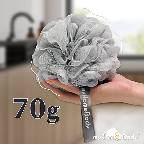 myHomeBody Large 70g Loofah Sponge, Body Scrubber, Bath Sponge, Loofah for Women, Men, Exfoliating Sponge Shower Pouf with Activated Charcoal - 2 Fog Gray + 1 Midnight Blue, 3 Pack