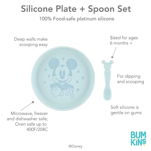 Bumkins Disney Baby and Toddler Plate and Spoon Set, Silicone Dish for Babies and Kids, Baby Led Weaning, Children Feeding Supplies, Microwave Safe, Platinum Silicone, Ages 6 Months Up, Mickey Mouse