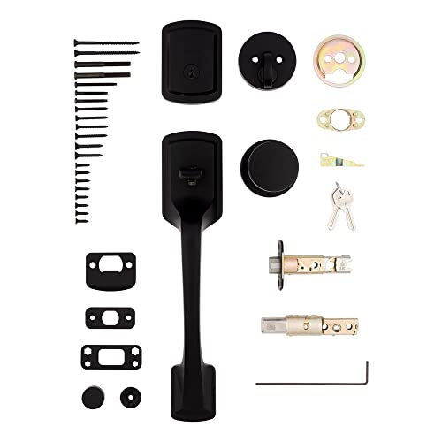 Kwikset Prague Front Door Lock Handle and Deadbolt Set, Entry Handleset Exterior with Interior Door Knob, Matte Black, Pick Resistant SmartKey Rekey Deadbolt Security, 98180-026