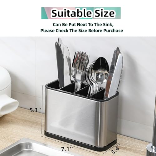 LIBODOUR Kitchen Utensil Holder For Counter Silverware Organizer Stainless Steel 4 Compartments Storage Cooking Organizer Caddy Large Capacity Flatware Spoon Spatula Fork