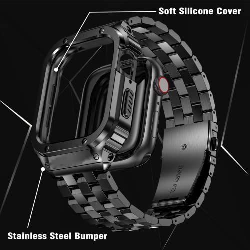 SUPLINK Stainless Steel Case and Band Compatible with Apple Watch Bands 38mm 40mm 41mm,Metal Rugged Cover Bumper Strap for iWatch Apple Watch Series 9 8 7 6 5 4 3 2 1 SE Men Women Black