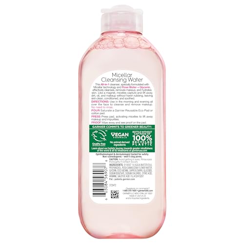 Garnier Micellar Water with Rose Water and Glycerin, Hydrating Facial Cleanser & Makeup Remover, For All Skin Types, Vegan, Cruelty Free, 13.5 Fl Oz (400mL), 1 Count