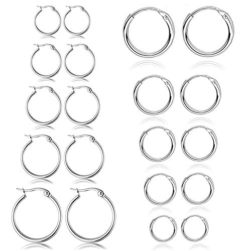 10 Pairs Silver Hoop Earrings for Women Small Stainless Steel Hypoallergenic Earrings Set Mens Unisex Nickel Free 10MM-18MM