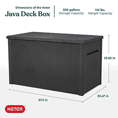 Keter Java XXL 230 Gallon Resin Rattan Look Large Outdoor Storage Deck Box for Patio Furniture Cushions, Pool Toys, and Garden Tools, Dark Grey