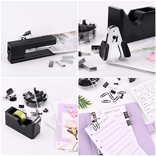 GTOTd Black Office Supplies Desk Accessory Kit includes Desktop Staple,Stapler remove,Single Hole Punch,Tape Dispenser,Stainless Steel Scissors,Small Telescopic Knife and Tape Measure