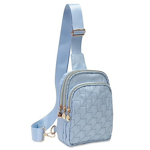 Bunnychill Small Crossbody Sling Bags for Women Men, 3 Zipper Pocket Cell Phone Purse Fanny Packs for Women Men,Daypack Sport Chest Satchel (Baby Blue)