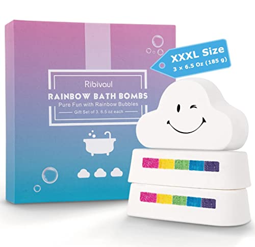 Rainbow Bath Bombs Gift Set, Ribivaul XXXL Size 6.5oz Handmade Bath Bombs with Natural Ingredients, Cloud Bath Bomb with Rich Bubbles for Kids/Women, Great Gift Idea for Mother's Day, Birthday