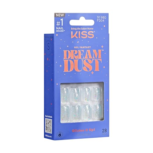 KISS Gel Fantasy Dreamdust, Press-On Nails, Nail glue included, 'Mood Dust', Light White, Short Size, Coffin Shape, Includes 28 Nails, 2G Glue, 1 Manicure Stick, 1 Mini File