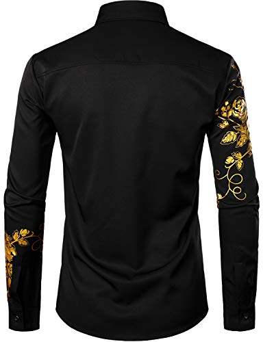 ZEROYAA Men's Hipster Rose Floral Printed Slim Fit Long Sleeve Button Up Party Dress Shirts ZZCL63 Black Pink Medium