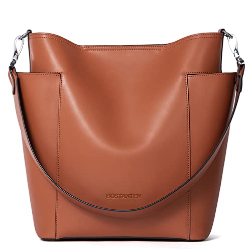BOSTANTEN Genuine Leather Bucket Handbag Designer Hobo Shoulder Bags Tote Purses and Handbags Set with Clutch Purse Brown