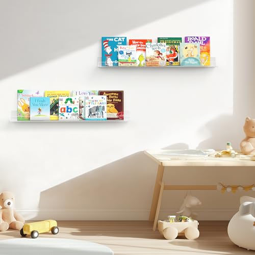 HBlife 24 Inches Invisible Wall Floating Bookshelf for Kids and Nursery, 16 Inch Stud Spacing Clear Acrylic Shelves for Figures, 1 Pack (5MM Thick)