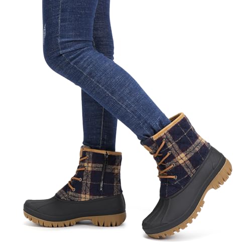 STQ Womens Winter Duck Boots Fashion Side Zipper Snow Boots Waterproof Ankle Booties Navy Plaid, 6 US