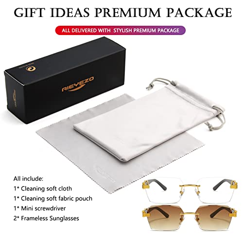AIEYEZO Retro Rimless Sunglasses Rectangle Unisex Vintage Frameless Sun Glasses Fashion Square Tinted Glasses (Gold/Grey + Gold/Grey Gradient + Gold/Clear)