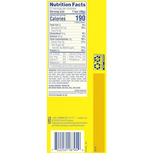 LUNA Bar - LemonZest Flavor - Gluten-Free - Non-GMO - 7-9g Protein - Made with Organic Oats - Low Glycemic - Whole Nutrition Snack Bars - 1.69 oz. (12 Pack)