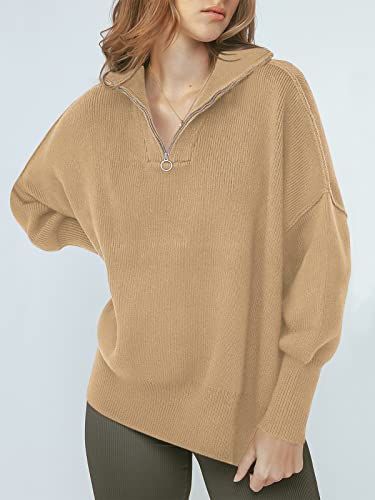 ANRABESS Women's Oversized Fashion Long Sleeve Quarter Zip Baggy Loose Slouchy Sweater Pullover Tops 2024 Fall Outfits Rose X-Small