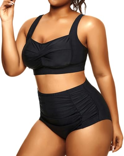 Daci Women's Plus Size Bikini Sets - High Waisted Two-Piece Swimsuits with Tummy Control Green Leave 26 Plus