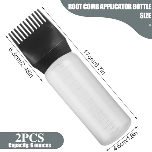 Pimoys 2 Pack Root Comb Applicator Bottle 6 Ounce, Oil Applicator for Hair Dye, Hair Oiling Bottle Applicator Brush with Graduated Scale