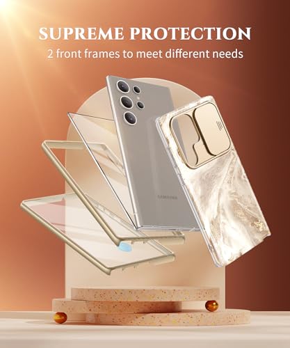 GVIEWIN for Samsung Galaxy S24 Ultra Case, [Slide Camera Cover & Built-in Screen Protector] [2 Front Frame] Military Grade Shockproof Marble Phone Case Cover 6.8" (Shweta/Beige)