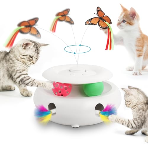 INKZOO Cat Toys Interactive Cat Toy Automatic Cat Toys for Indoor Cats, 3-in-1 Electric Cat Toy USB Rechargeable, Ambush Feather, Fluttering Butterfly, Track Balls Kitten Toy Cat Exercise Toys