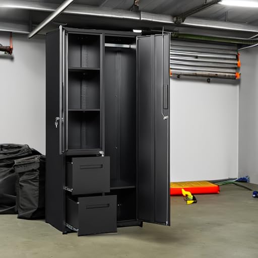 PEUKC Metal Storage Cabinets with Locking Doors, 67" Freestanding Clothing Coat Storage Wardrobe Lockers for Office, Home, School, Garage, Gym (Black)
