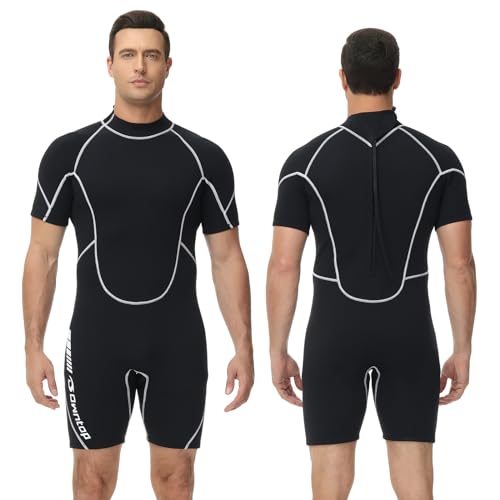 Owntop Mens Wetsuit Shorty, 3mm Stretch CR Neoprene, Back Zipper Diving Wet Suits, Keep Warm for Surfing, Swimming, Water Sports (Men's Black, S)