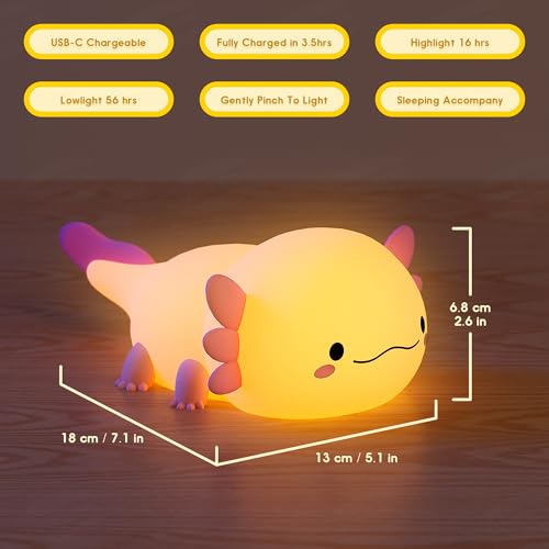 UNEEDE Axolotl Night Light for Kids,Animal Silicone Nursery Night Lamp, Rechargeable Table Lamp Bedside Lamp,Cute Room Decor Night Light for Bedroom,Living Room,Dining,Desk Decorations,Gift