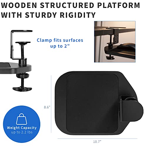 VIVO Clamp-on Wooden Mouse Pad Holder Platform, Adjustable Under Desk 360° Rotating Tray Rest Extension Attachment, up to 2 inch Desktops, Black, MOUNT-MS01B