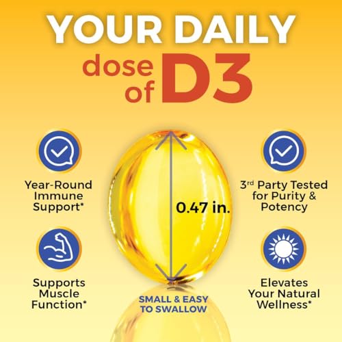 D3 Vitamin 5000 IU Softgels (125 mcg), 30 Softgels - High Potency Vitamin D Supplements for Healthy Immune Function, Bones & Muscles - Made with Organic Liquid Coconut Oil