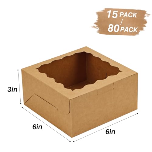 Moretoes 15pcs Cookie Boxes with Window, 6x6x3in Bakery Boxes, Kraft Paper Treat Boxes Small Cake Box for Dessert Pie Donuts Pastry, Brown