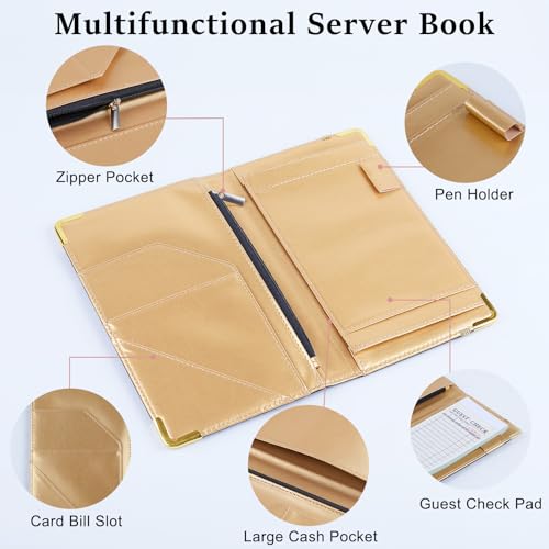 Server Book, Alphabet Server Books for Waitress with Zipper Pockets Leather Serving Book with Pen Holder Waiter Wallet Waitress Book Fits Server Apron,Black A