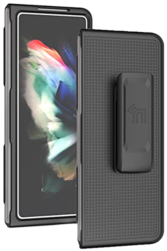 Case with Clip for Galaxy Z Fold 3 5G, Nakedcellphone Grid Texture Slim Hard Cover and Custom Belt Hip Holster Holder View Stand Combo for Samsung Z Fold3 Phone (SM-F926) 2021 - Black Tread