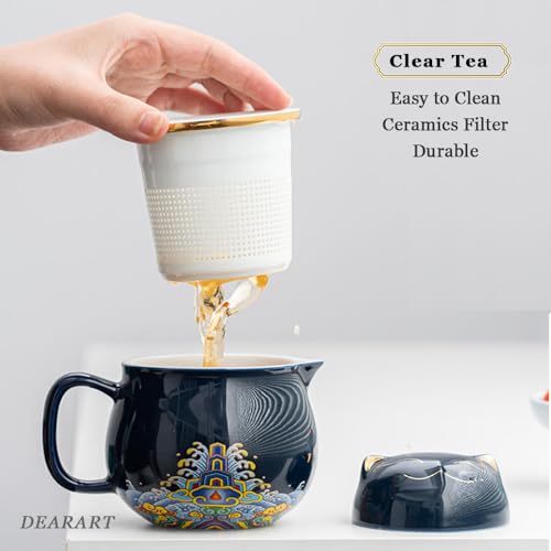 DEARART Beautiful Tea Mug and Lid Filter, 10.8oz Tea Cups Easy to Clean Keep Tea Hot, Steeping Loose Leaf Tea Bag, Coffee, Milk, Cute Cat, Dark Blue