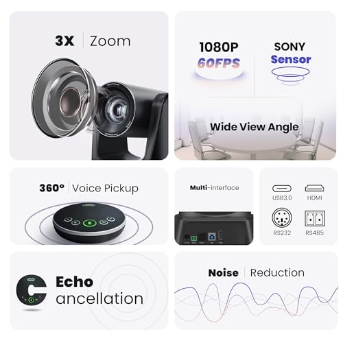 TONGVEO Conference Room PTZ Camera System 3X Optical Zoom USB3.0, HDMI 114° Wide Angle 1080P 60fps Camera Bundle with Bluetooth Microphones - Easy Setup for Church