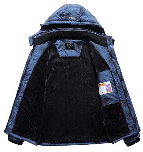 Pooluly Men's Ski Jacket Warm Winter Waterproof Windbreaker Hooded Raincoat Snowboarding Jackets Blue Camo-S