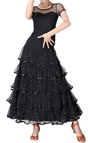 CISMARK Elegant Sequins Long Swing Ballroom Latin Dance Skirt for Girls(Black)