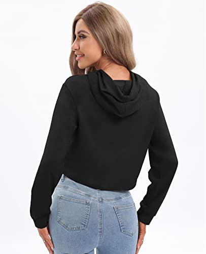 milanpavilion Women's Drawstring Cropped Hoodie Casual Plain Fashion Hoodies Workout Crop Tops Sweatshirt Long Sleeve Top Black