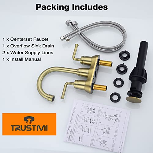 TRUSTMI Centerset Bathroom Faucet 4 Inch Vanity Sink Hot Cold Faucet with Overflow Drain and Waterlines, Brushed Gold