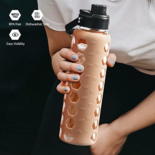 MUKOKO 24oz Glass Water Bottle with 2 Lids-Handle Flip Lid&Bamboo Straw Lid,Motivational Water Tumbler with Time Marker Reminder and Silicone Sleeve, Leakproof-Amber