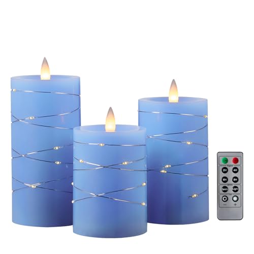 CozierGlowWax Flameless Pillar Candles Flickering with String Lights, 3D Moving Flame Candles with Remote Timer, Set of 3, 3 x 4, 5, 6 Inches, Remote Included (Pink)