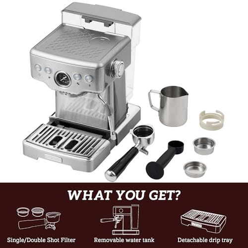 Neretva Espresso Machine 15 Bar, 2 in 1 Professional Coffee and Espresso Maker Combo 1450W Stainless Steel Espresso Coffee Machine for Home Barista Espresso Latte Macchiato and Cappuccino Maker-Silver