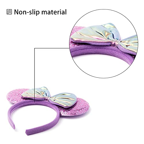 ZYTJ 2 Pcs Mouse Ears Headbands,Shiny Bows Mouse Ears Headbands for Birthday Parties, Themed Events, A Perfect Addition to Your Trip Essentials and Accessories for Women allpurple