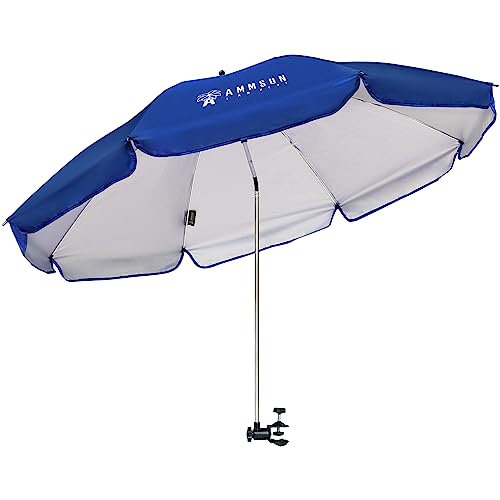 AMMSUN XL Chair Umbrella with Universal Clamp 52 inches and 360-degree Swivel UPF 50+, Portable Clamp on Camping or Beach Chair, Stroller, Wheelchair, Golf cart, Blue, Large-sized
