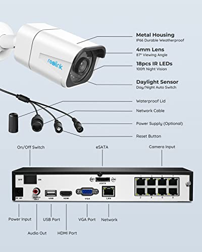 REOLINK 8CH 4K Security Camera System, 6pcs H.265 Bullet Wired PoE Cameras for Home Security Outdoors, Smart Person Vehicle Detection, 8CH NVR Recorder with 2TB HDD for 24-7 Recording, RLK8-800B6