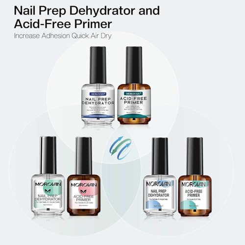 Morovan Professional Natural Nail Prep Dehydrate and Acid-Free Primer, Dehydrator for Acrylic and Gel Nail Polish, Non Acid Primer for UV Gels Fast Dry Superior Bonding Agent Gift Box Set