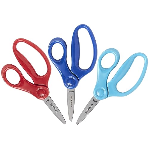 Fiskars 5" Pointed-Tip Scissors for Kids 4-7 (3-Pack) - Scissors for School or Crafting - Back to School Supplies - Red, Blue, Turquoise